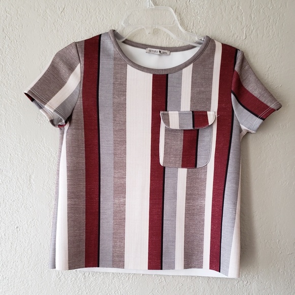 Zara Tops - ZARA COLLECTION BURGUNDY WHITE AND GREY SCUBA FABRIC STRIPED TEE..SIZE S
